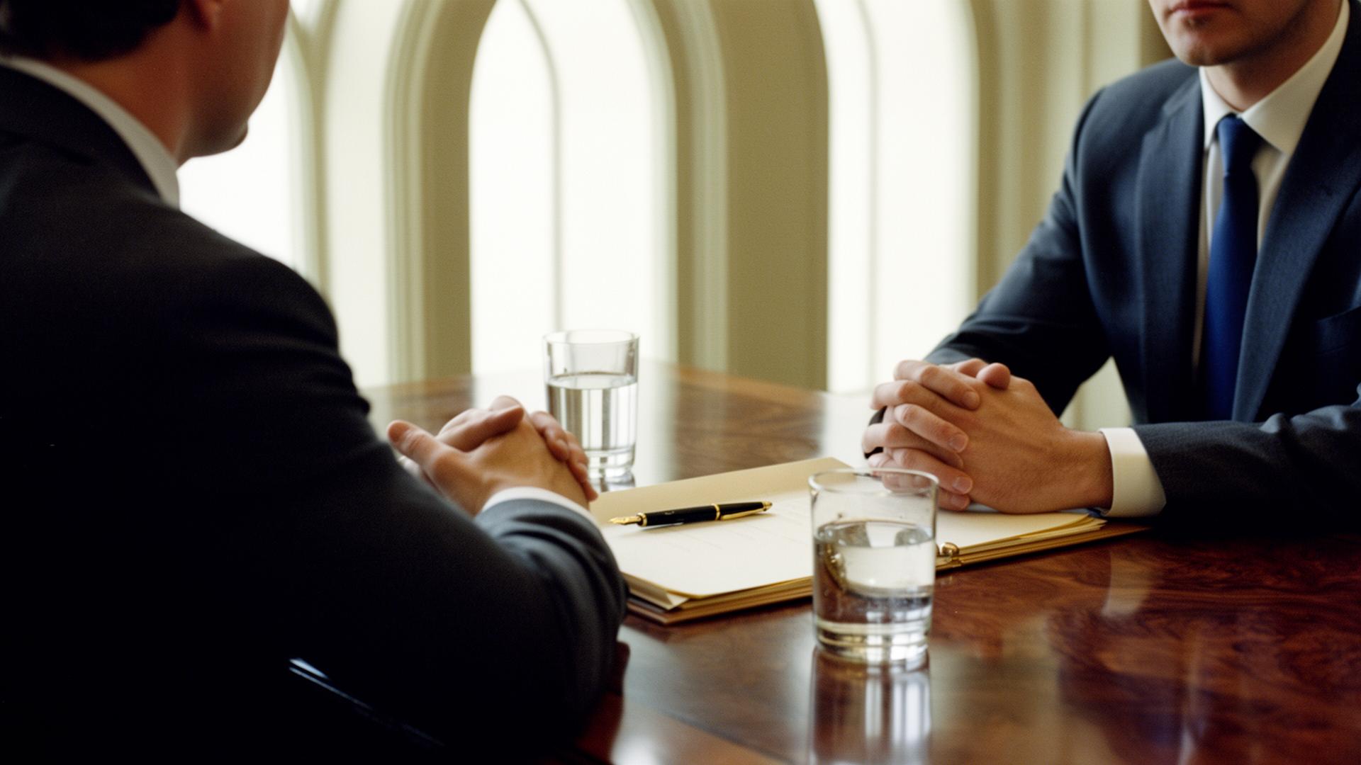 A specialist gambling-harm solicitor sits across a polished desk from a client, hands clasped, a case file and pen between them.